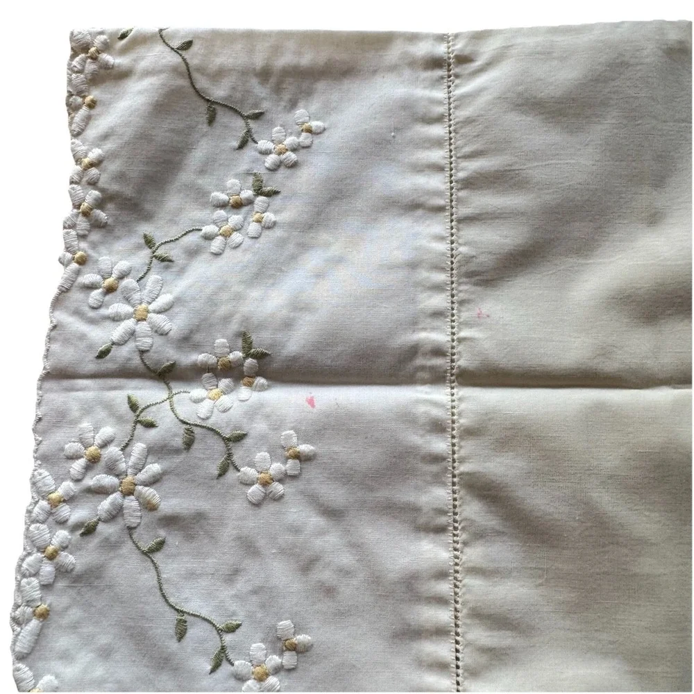 VTG Wamsutta Supercale Plus Ivory Full Flat Sheet & Pillowcase‎ Daisy Embroidery